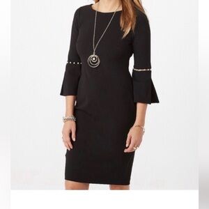 Calvin Klein Black 3/4 bell Sleeves with faux pearls black sheath dress size 10